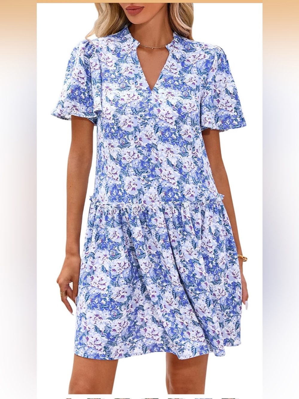 BTFBM Short Sleeve V Neck Tiered Ruffle Boho Dress A-Line Floral Mini Dress nwt